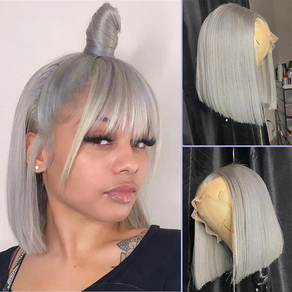 Grey Silver Short Straight Lace Bob Wig 13×4/13×6 Transparent Lace Frontal Wig