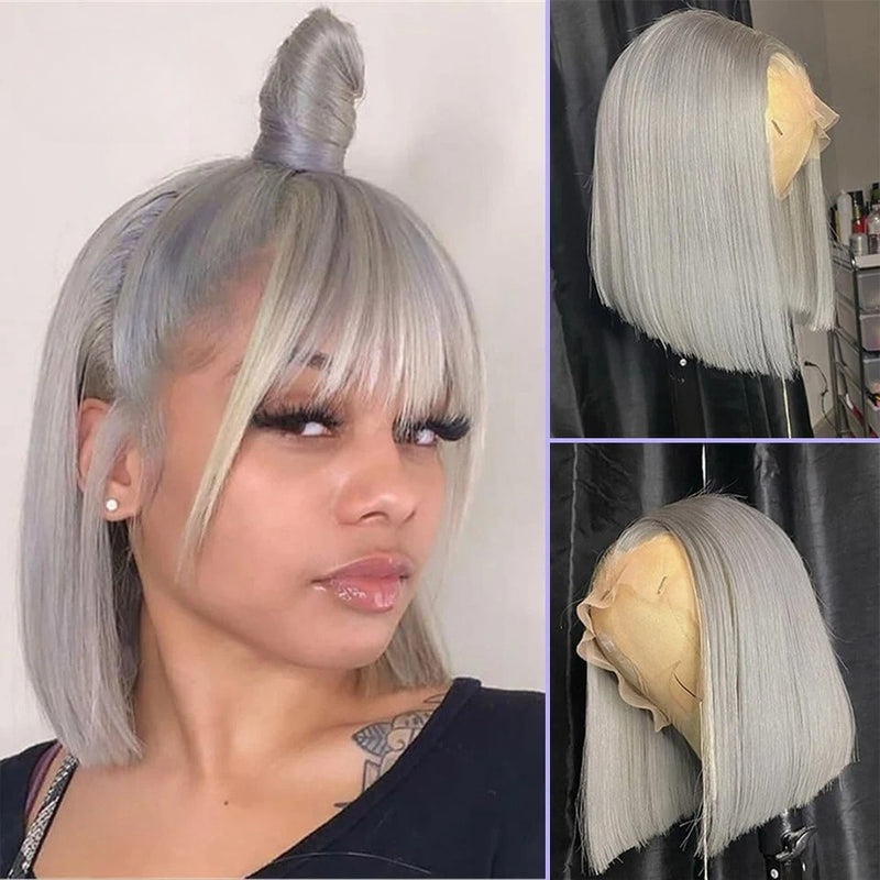 Grey 13×4/13×6 Transparent Lace Front Silver Color(613) Short Bob Wig - Straight