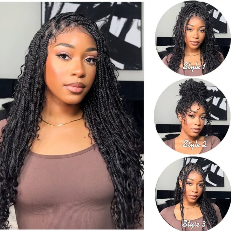 "Fitted Cap" Full Lace Knotless Braided Wig with Invisible Strap - Boho Curls