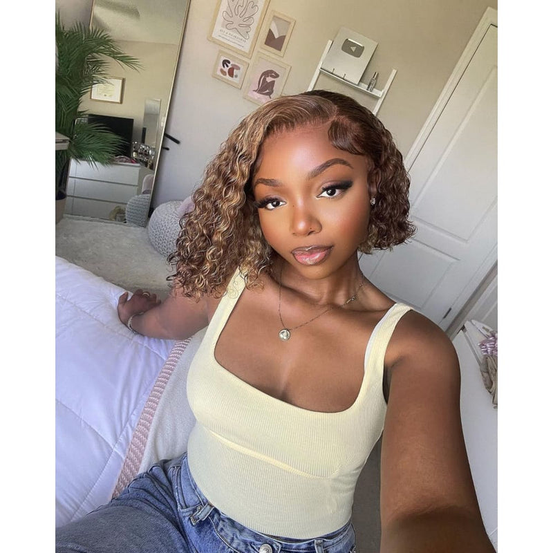 Bonanle Upgraded Hairline 13X6 Swiss Lace Pre-plucked Curly Highlight Bob Wig
