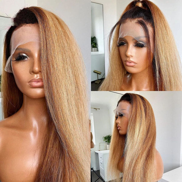 Bye~Bye~KNOTS HD Swiss Lace 13x6 Frontal Upgraded Hairline Ombre Honey Blonde Yaki Straight Wig