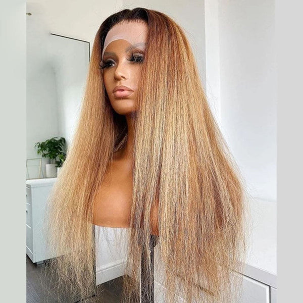 Bye~Bye~KNOTS HD Swiss Lace 13x6 Frontal Upgraded Hairline Ombre Honey Blonde Yaki Straight Wig