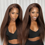 [50% OFF]HALF PRICE /// 360 Transparent Lace Preplucked Hairline Human Hair Brown Color Wig - Kinky Straight
