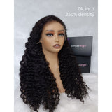 Black 24-inch 250% density curly Burmese lace front wig with voluminous waves and upgraded hairline for natural look