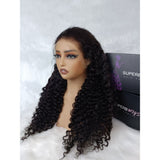 Black voluminous curly human hair wig with lace upgraded hairline displayed on a mannequin head