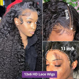 Black voluminous curly human hair lace wig with 13x6 hd frontal and fitted cap ear for natural appearance ear tap wig