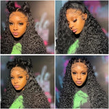 Black voluminous curly human hair extensions with lace front and side-swept bangs in fitted cap ear tap wig