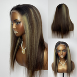 【Solo-Piece】Remy Hair High Quality 13x6 Full Frontal Wig 16inch 130% Highlight Color - Yaki Straight
