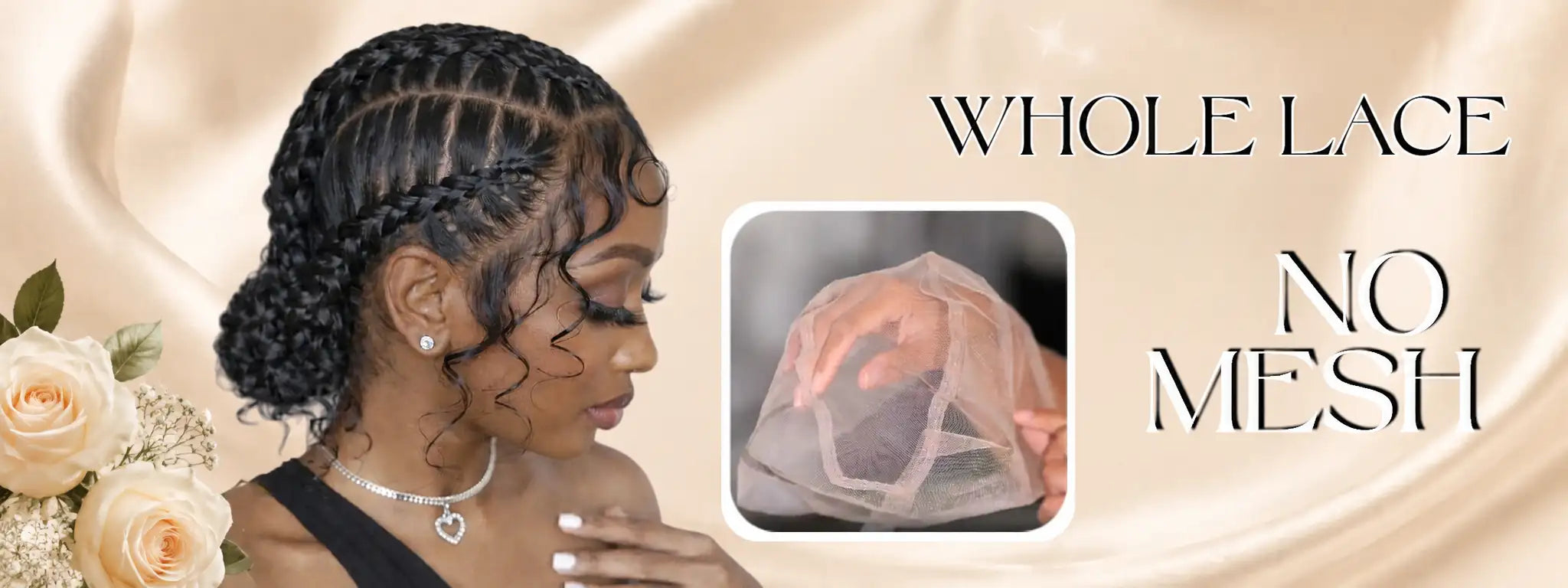 A delicate, whole lace wig with no mesh, featuring a natural-looking black hair texture and subtle wave pattern.