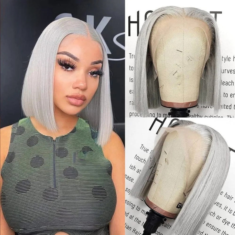 Grey 13×4/13×6 Transparent Lace Front Silver Color(613) Short Bob Wig - Straight