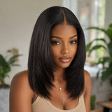 【FLASH SALE】WHOLE LACE NO MESH TRANSPARENT LACE HUMAN HAIR WIG WITH Invisible Strap - Yaki Straight Layered Bob