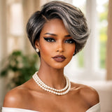 13x4 Transparent Lace Front Pre-plucked Salt and Pepper Gray Color Wig - Styled Piexie