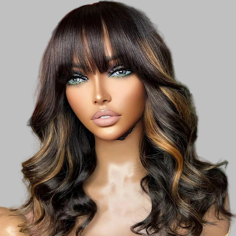 13x4 Transparent Lace Front Light Highlight Color Preplucked  Human Hair Wig - Wavy with Bang