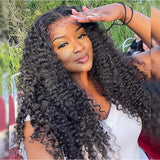 Elaine 13x4 transparent lace front wig with voluminous deep black curly hair made from natural lace for realistic style