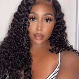 Black voluminous Burmese curly human hair lace wig with transparent lace front and natural part Elaine 13x4 transparent lace