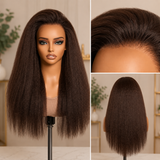 [50% OFF]HALF PRICE /// 360 Transparent Lace Preplucked Hairline Human Hair Brown Color Wig - Kinky Straight
