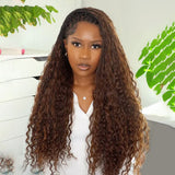 "Fitted Cap" Full Lace Knotless Braided Brown Color Natural Black Root Wig with Invisible Strap - Boho Curls