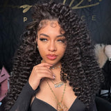 A woman wearing a lace upgraded 13x6 hd lace wig with a voluminous dark black curly hair high ponytail style