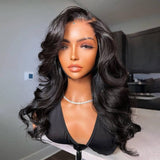 Black voluminous wavy human hair wig with lace upgraded hairline and natural c-side parting for a realistic look