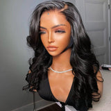 Black wavy human hair wig with lace upgraded hairline and natural curls featuring pre-plucked c-side parting