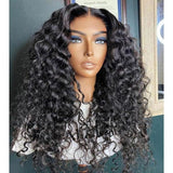 Black voluminous curly human hair wig with transparent lace front and bouncy loose wave texture in 150 density
