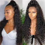 Black voluminous curly wave human hair wig with transparent lace front and natural pre-plucked hairline parting