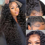 Black voluminous curly wave human hair extensions with transparent lace front and natural pre-plucked hairline parting