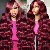 【Flash Sale】13x6 Transparent Lace Front Pre-plucked Hairline 250% Density Burgundy Color Wig - Body Wave Wavy