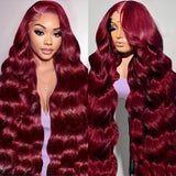 【Flash Sale】13x6 Transparent Lace Front Pre-plucked Hairline 250% Density Burgundy Color Wig - Body Wave Wavy
