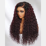 【Flash Sale】4x4 Transparent Lace Front 250% Density Black Cherry Ombre Color Wig - Water Wave
