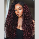 【Flash Sale】4x4 Transparent Lace Front 250% Density Black Cherry Ombre Color Wig - Water Wave