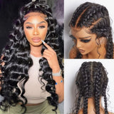 Black voluminous curly human hair full lace hd swiss lace upgraded pre-plucked wig with side-swept braids