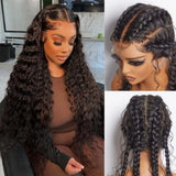 Black curly hair extensions with lace front and side braids in full lace hd swiss lace upgraded pre-plucked wig deep wave