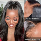 Full lace hd swiss lace upgraded pre-plucked wig with black silky human hair extensions and pre-bleached knots for natural blend