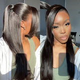 Full lace hd swiss lace upgraded pre-plucked wig in black light yaki straight hair styled in a sleek high ponytail