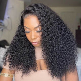 Black voluminous curly human hair wig with lace front made from swiss lace upgraded hd swiss material water wave style