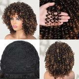 Full Machine Made Human Hair Brown and Highlight Color Wig - Curly with Bang