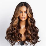 Glenda 13X6 Swiss Lace Pre-plucked Hide Lace+ Hide Knots Ombre Brown with Blonde Highlight Body Wave Lace Wig