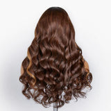 Glenda 13X6 Swiss Lace Pre-plucked Hide Lace+ Hide Knots Ombre Brown with Blonde Highlight Body Wave Lace Wig