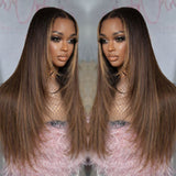 HD Lace 13x6 Fitted Cap Ear Tap Highlight Color Layered Cut Wig - Straight