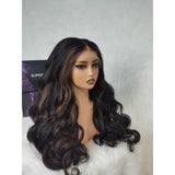 Hd lace 13x6 fitted cap ear tap kinky wave wig with black and dark brown ombre voluminous body wave texture