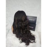 Hd lace 13x6 fitted cap ear tap kinky wave wig with black voluminous body wave hair and subtle brown highlights on mannequin
