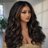 Hd lace 13x6 fitted cap ear tap kinky wave wig with voluminous dark brown to black wavy hair and subtle highlights