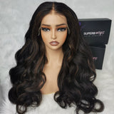 A deep brown kinky wave human hair lace front wig with fitted cap ear and natural highlights in cap ear tap style