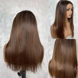 HD Lace 13x6 Fitted Cap Ear Tap Highlight Ombre Color Wig - Layered Straight