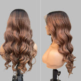 Hd lace 13x6 fitted cap ear tap ombre color wig with synthetic body wave wavy hair and dark root highlights