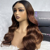 Hd lace 13x6 fitted cap ear tap ombre color wig with body wave wavy long brown hair and natural gradient color