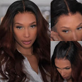 Dark brown body wave wavy hair extension with natural lace front and fitted cap ear tap for secure fit