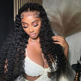 Hd lace 13x6 deep wave ear tap wig with black voluminous curly hair extensions and natural-looking roots fitted cap ear