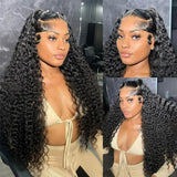Black deep wave human hair HD lace 13x6 fitted cap ear tap wig with voluminous curls and side-swept bangs